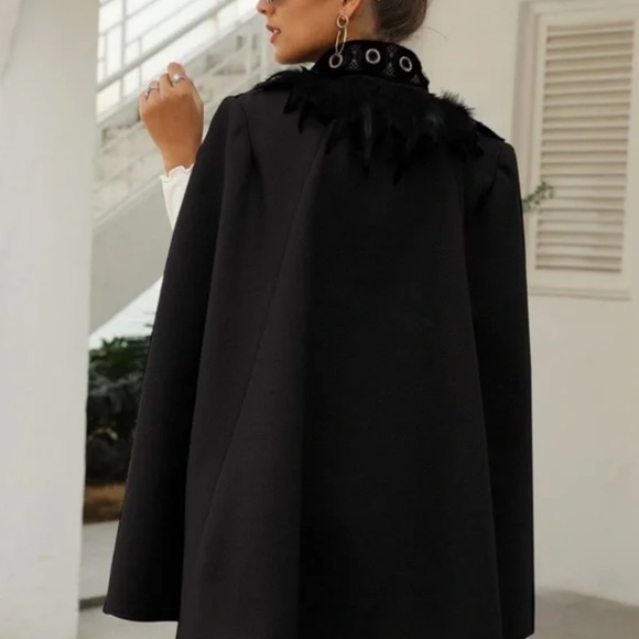 Classic gray Open Front Feather Trim Cape Jacket - Picture 8 of 11